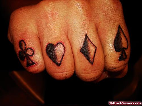 Grey Ink Card Symbols Tattoo On Fingers