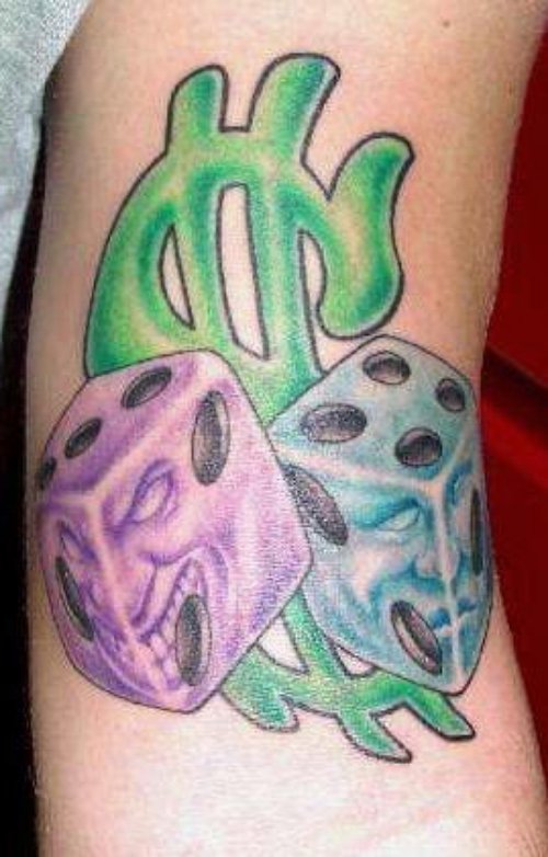 Dollar Sign And Dice Gambling Tattoo On Bicep