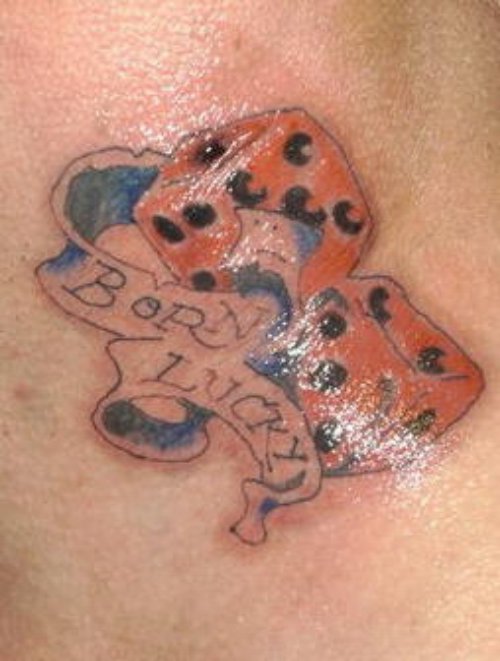 Born Lucky Banner And Red Dice Gambling Tattoo