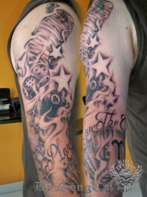 Grey Ink Stars and Gambling Tattoo On Sleeve