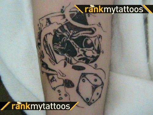 Grey Ink Gambling Tattoo On Left Half Sleeve