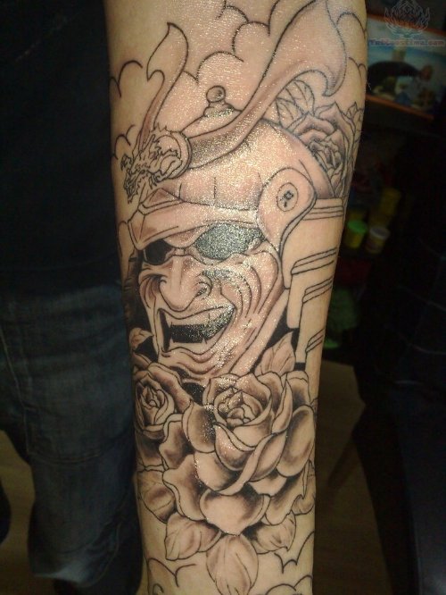 Grey Rose Flowers And Samurai Gambling Tattoo On Arm