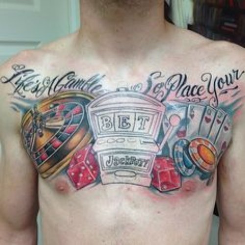 Colored Gambling Tattoo On Man Chest