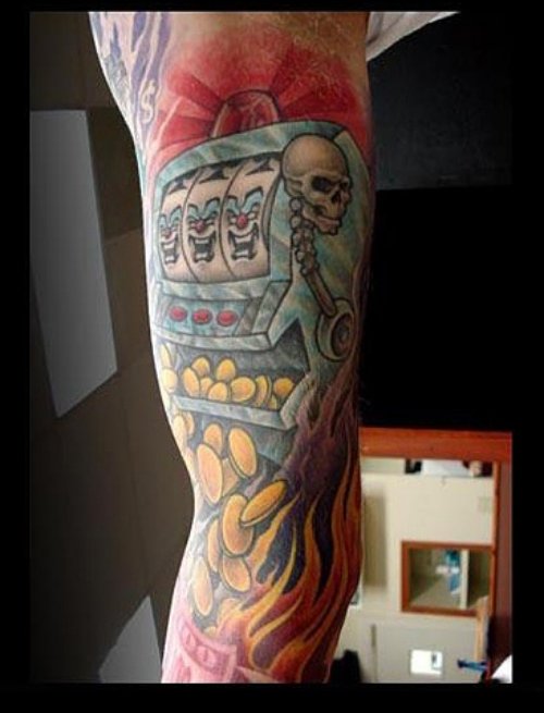 Flaming Colored Gambling Tattoo on Sleeve