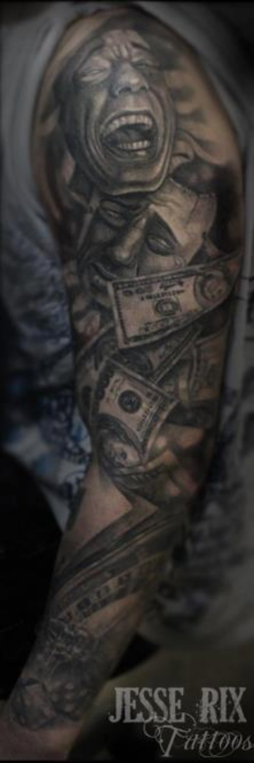 Grey Ink Gambling Tattoo On Left Sleeve