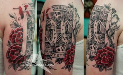 Red Rose Flowers and Gambling Tattoo On Half Sleeve