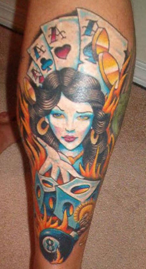 Flaming Cards And Girl Gambling Tattoo On Leg