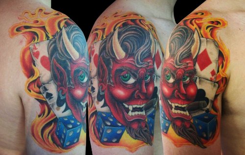 Flaming Gambling Demon Head Tattoo On Half Sleeve
