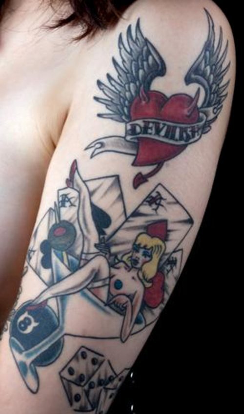 Winged Red Heart And Gambling Tattoo On Left Half Sleeve
