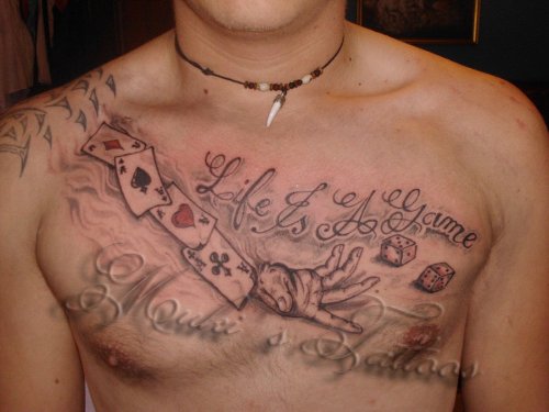 Grey Ink Cards Gambling Tattoo On Man Chest