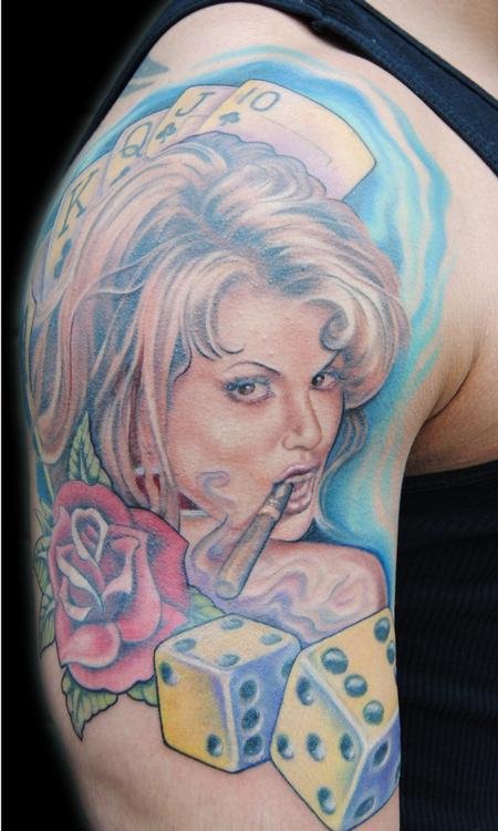 Red Rose And Pinup Girl With Dice Gambling Tattoo On Right Half Sleeve