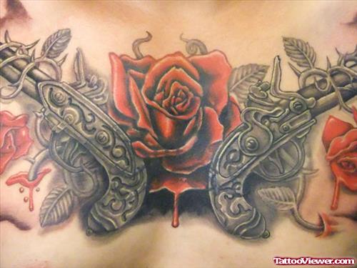 Red Rose and Pistols Gangsta Tattoo On Man Chest