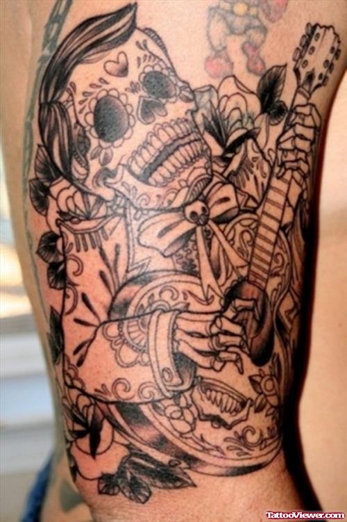Mexican Skull Plating Guitar Gangsta Tattoo On Bicep