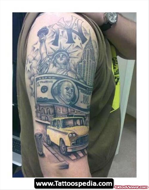 Grey Ink Gangsta Tattoo On Man Right Half Sleeve