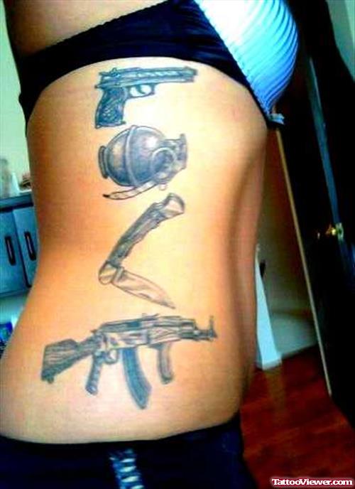 Grey Ink Gangsta Tattoo On Girl Rib Side