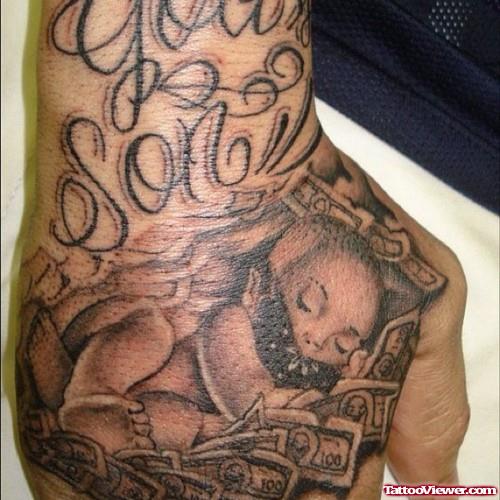 Grey Ink Gangsta Tattoo On Right Hand