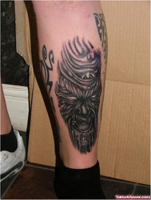 Grey Ink Gangsta Tattoo On Left Leg