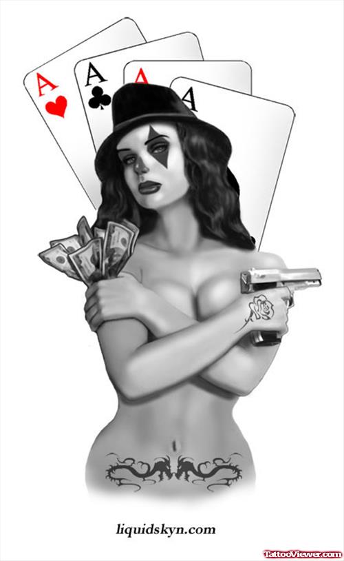 Clown Girl With Gun And Cards Gangsta Tattoo Design