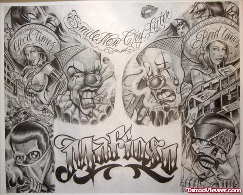 Amazing Grey Ink Gangsta Tattoo Design