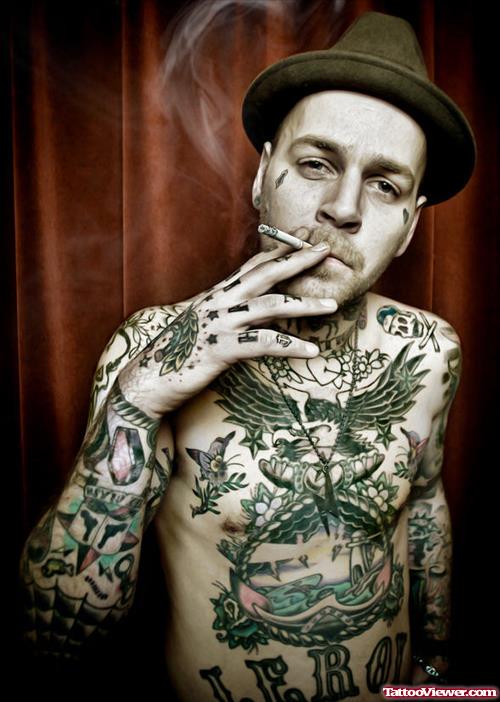 Smoking Guy With Gangsta Tattoo On Body