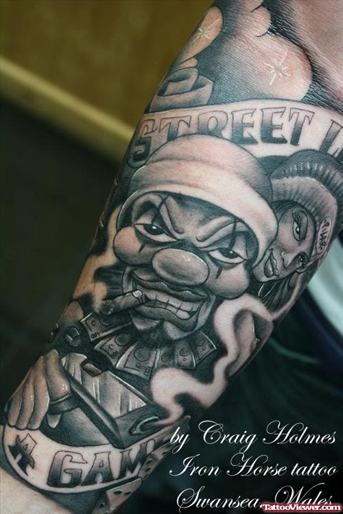 Grey ink Smoking Clown Gangsta Tattoo