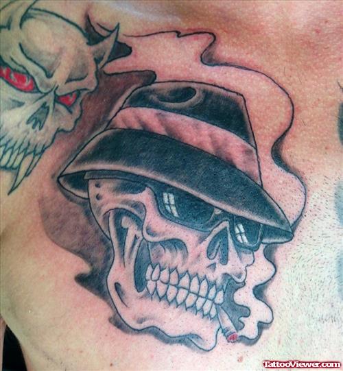 Grey Ink Skull With Hat Gangsta Tattoo On Side Rib