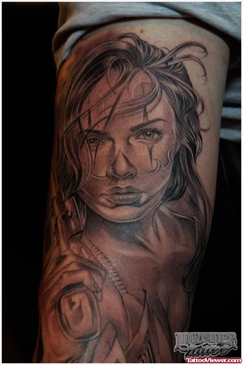 Grey Ink Gangster Girl Tattoo On Sleeve