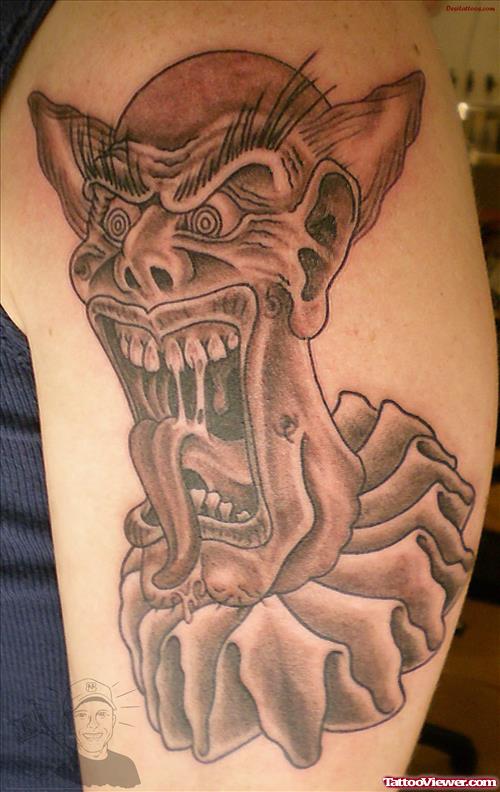 Grey Ink Gangster Clown Tattoo On Left Half Sleeve