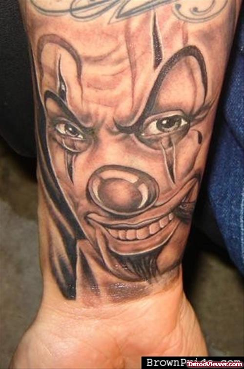 Grey Ink Clown Gangster Tattoo On Right Forearm