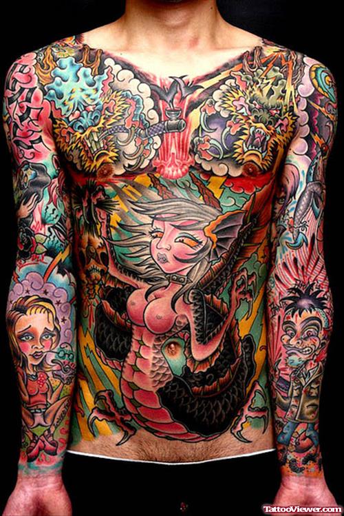 Colored Gangsta Tattoo On Man chest And Both Sleeves