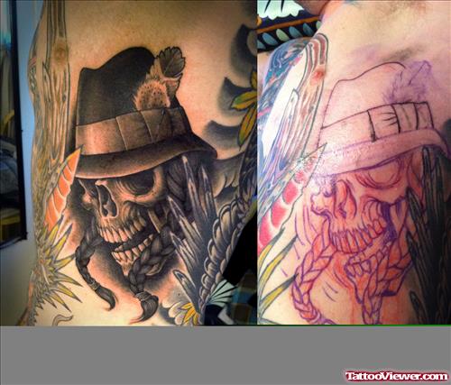 Grey Ink Gangsta Skull Tattoo On Rib Side