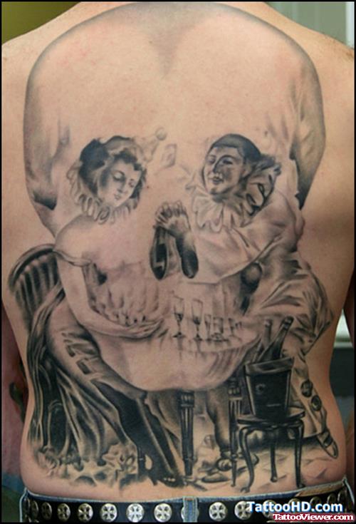 Grey Ink Gangsta Skull Tattoo On Back