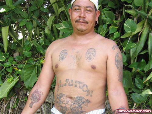 Gangsta Tattoo On Belly And Both Arms