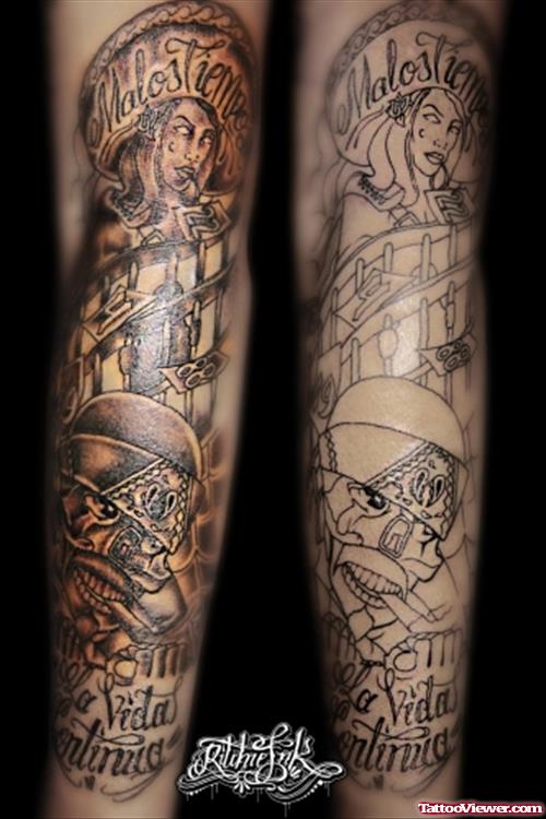 Awesome Grey Ink Gangsta Tattoo On Sleeve