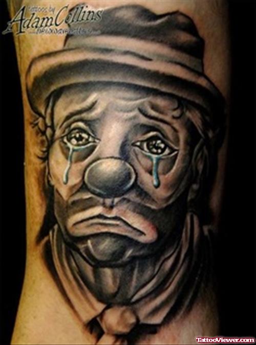 Awesome Grey Ink Crying Clown Gangster Tattoo