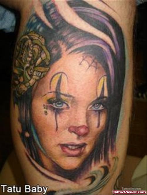 Color Ink Clown Girl Head Gangster Tattoo On Bicep