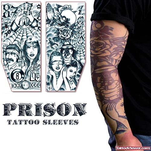 Attractive Grey Ink Gangsta Tattoo On Man Right Sleeve