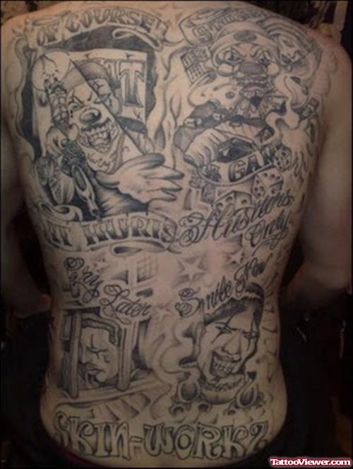 Attractive Grey Ink Gangsta Tattoo On Man Back Body