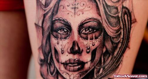 Grey Ink Crying Gangsta Girl Tattoo