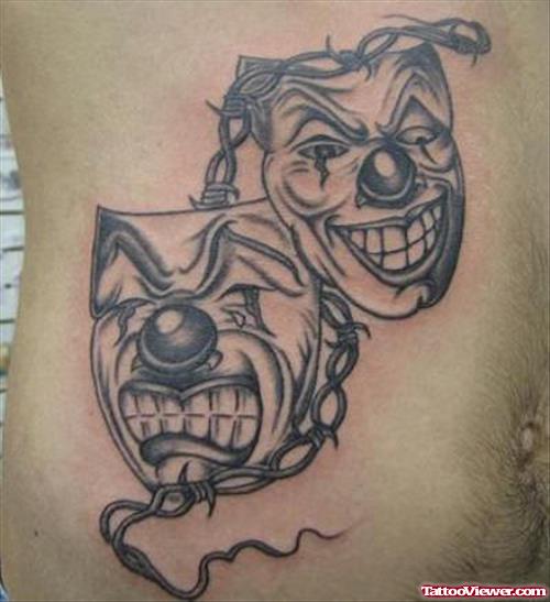 Grey Ink Clown Masks Gangster Tattoo On Hip