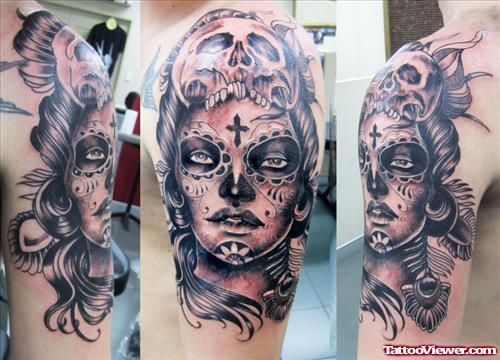 Amazing Grey Ink Gangster Girl Head Tattoo On Shoulder