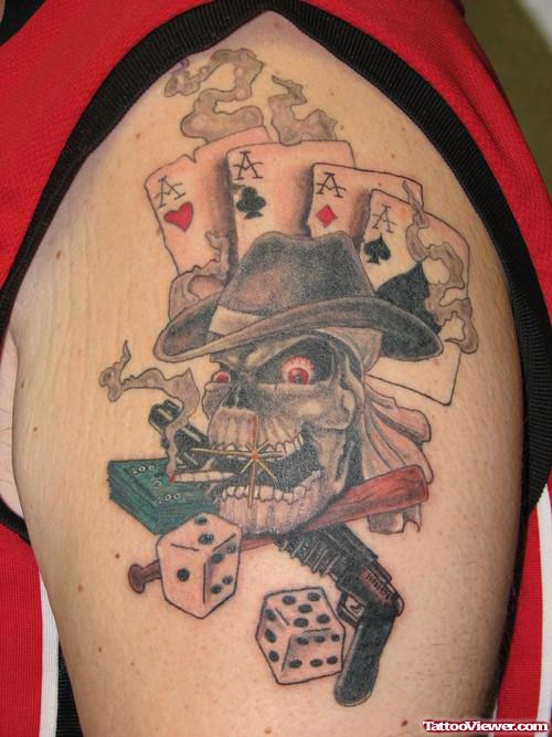 Grey Ink Smoking Skull With Hat and Cards Gangsta Tattoo On Shoulder