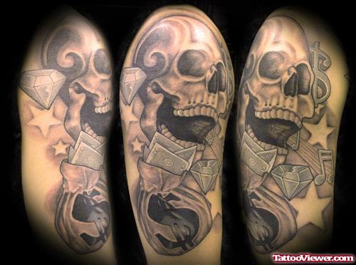 Grey Ink Skull Gangsta Tattoo On Right Half Sleeve