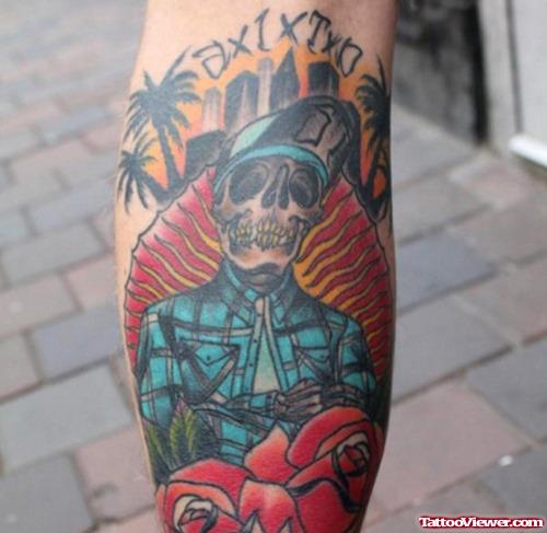 Color Ink Gangsta Skull Tattoo On Back Leg