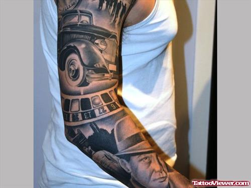 Stunning Grey Ink Gangsta Tattoo On Man Right Sleeve