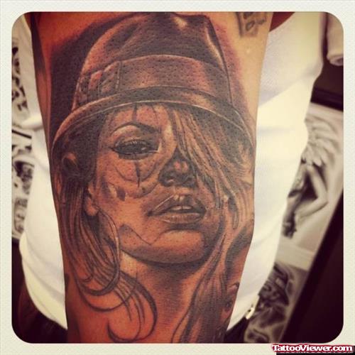 Grey Ink Clown Girl Gangsta Tattoo On Sleeve