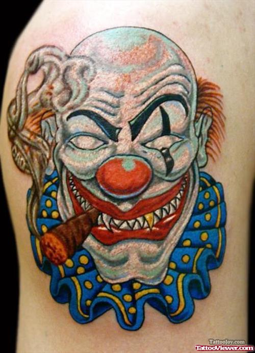 Colored smoking Clown Gangster Tattoo On Shoulder
