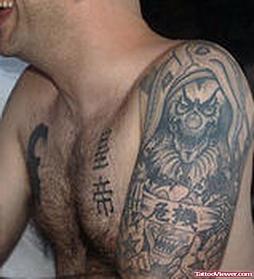 Amazing Grey Ink Gangster Tattoo On Left Half Sleeve