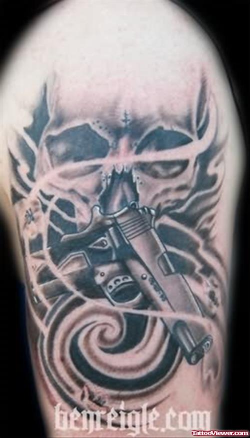 Grey Ink Tribal And Skull Gangsta Tattoo On Half Sleeve
