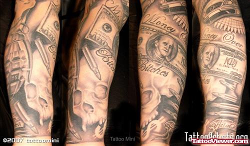 Grey Ink Skull And Money Gangsta Tattoo On Sleeve